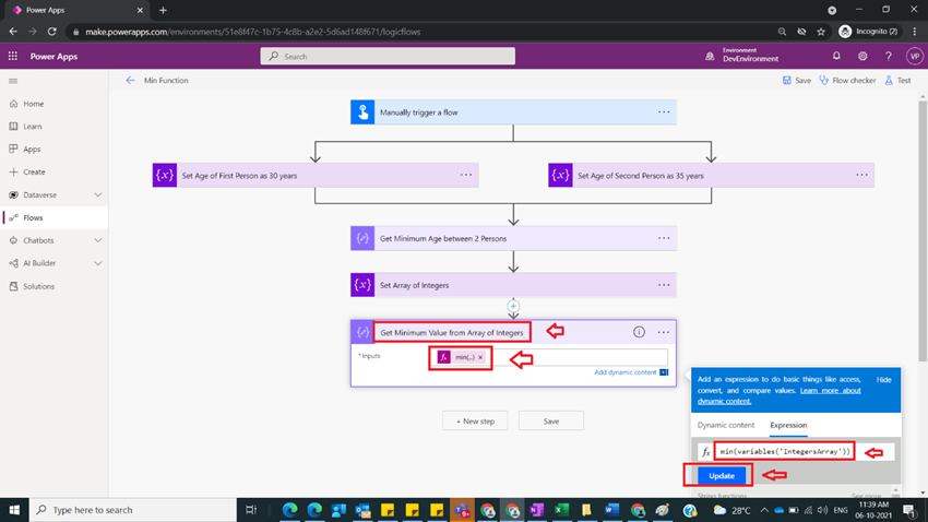 Usage of Min Function in Power Automate